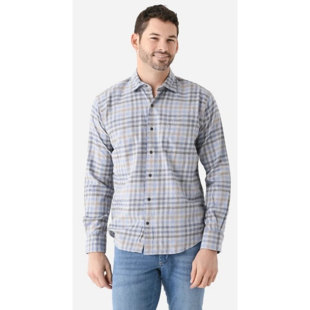 Peter Millar Hill Point Blue Plaid Button Front Cotton Sport Shirt Large